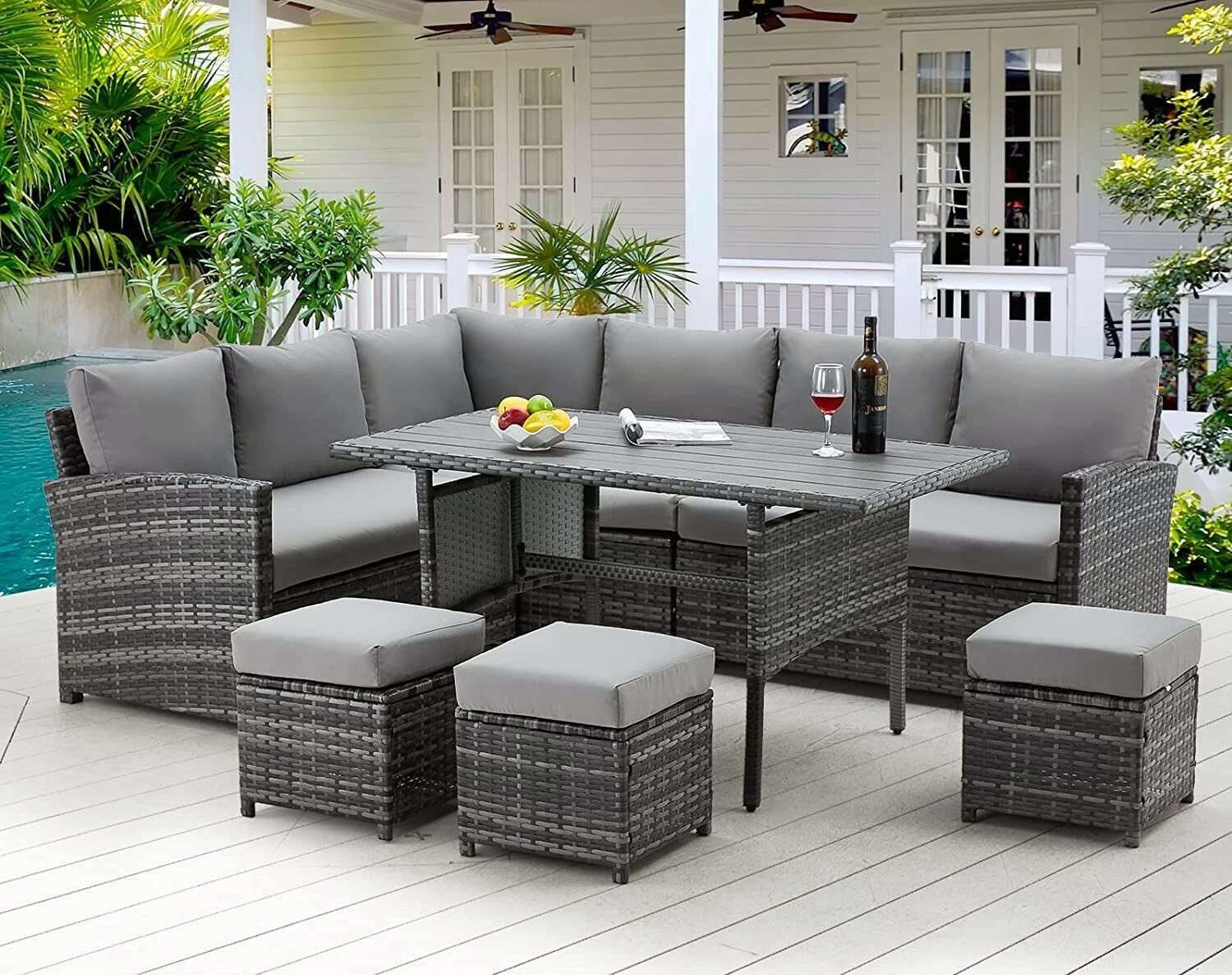 Sets 7-pieces Outdoor Sectional Sofa Rattan Wicker Sofa W/ T