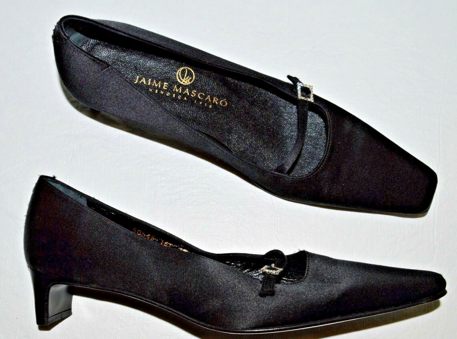 JAMIE MASCARO MENORCA SZ 7 M 37 BLACK SATIN PUMPS LOW HEELS