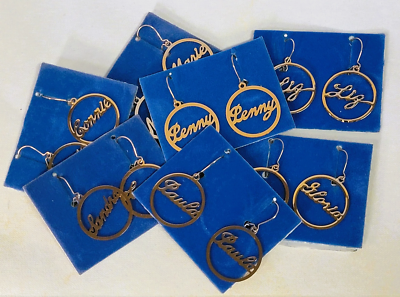 Vintage Gold Script Name Plate Personalized Dangle Pierced Earrings Choice Name