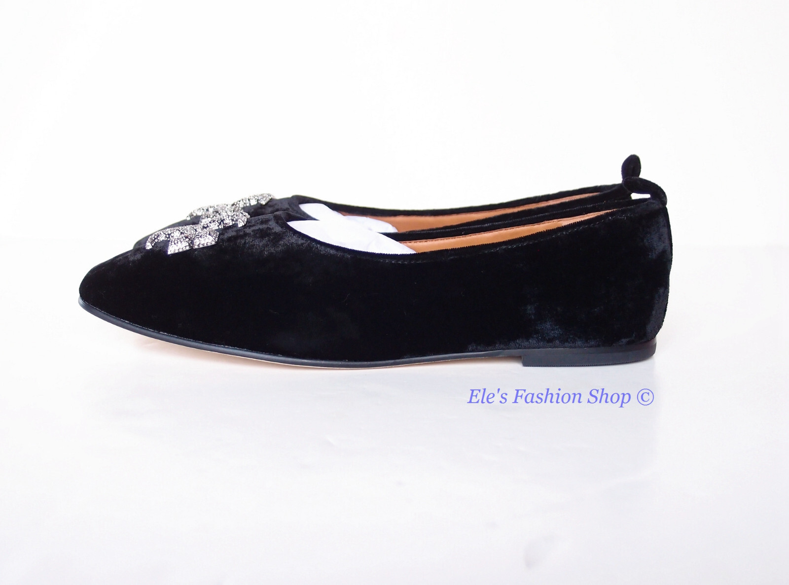 Pre-owned Tory Burch Eleanor Pave Crystal Logo Velvet Ballet Flat Black 7 7.5 8 8.5 9