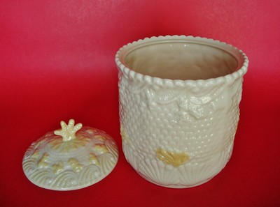1960's Vintage Belleek Shell & Coral Porcelain Cookie Biscuit Jar - Green stamp