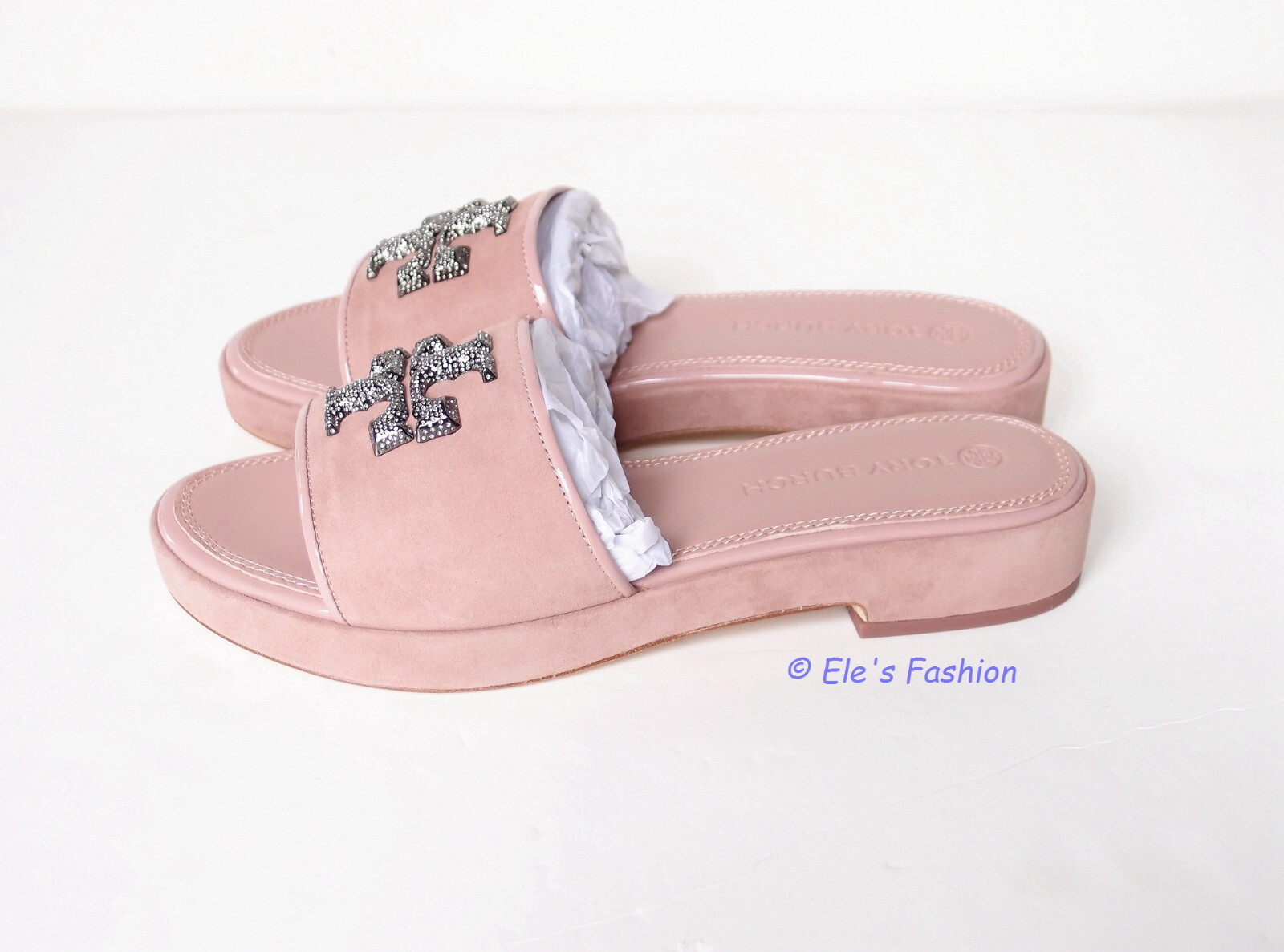 Pre-owned Tory Burch Eleanor Crystal Embellished Leather Slide Sandal Pink 9 Authentc