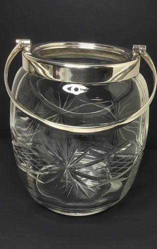 ANTIQUE CUT GLASS BISCUIT JAR - Silverplate Lid, Handle & Rim