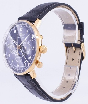 Pre-owned Zeppelin Series Lz 129 Hindenburg Blue Dial Leather Strap 7038-3 30m Men's Watch