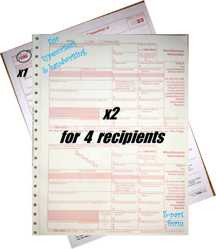 2023 Irs Tax Form 1099-misc Carbonless For 4 Recipients + (1) 1096 --- No Env