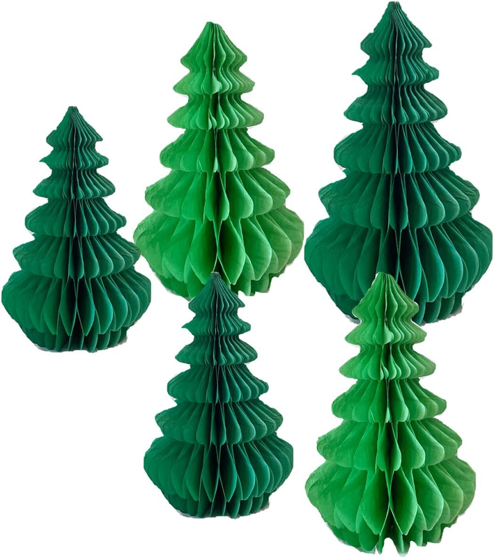 5 Pack Paper Christmas Honeycomb Trees 10In 12In 14In Green Paper Trees 3D Xmas