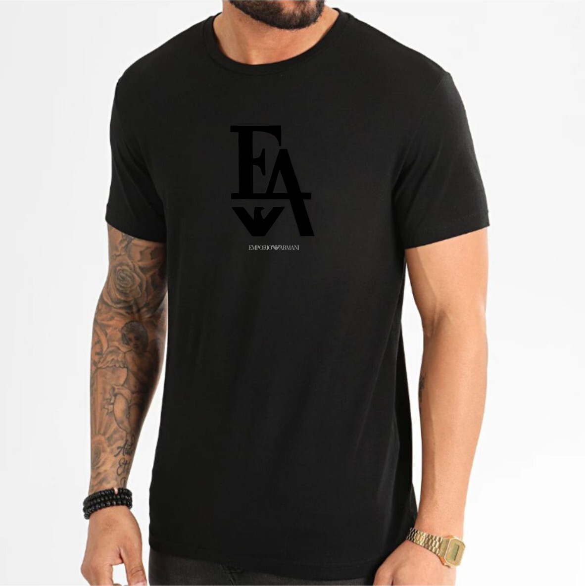 Emporio Armani Black Men's cotton T-Shirt velvet print ,Size