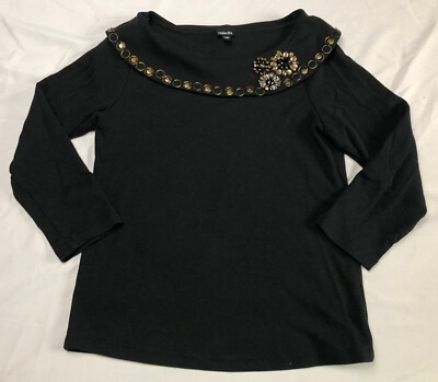 Rafaella Women's Black 3/4 Sleeve Rhinestone Studded Shirt Size Small Stretch