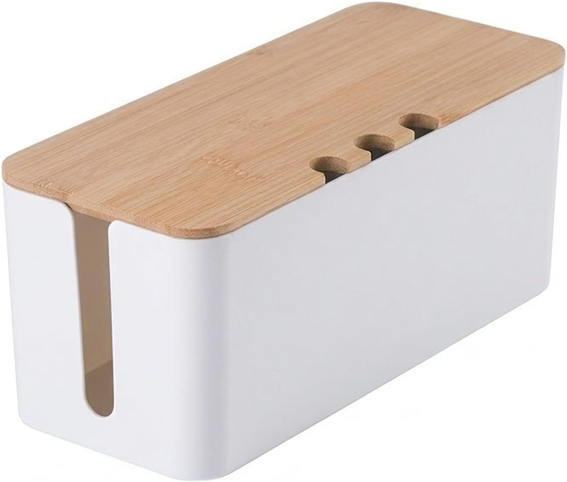 Cable Management Box with Bamboo Lid,Ventilated Plastic Wire Storage Holder for