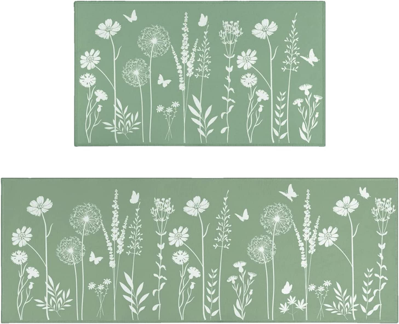Sage Green Kitchen Mat Rug Set of 2- Plant Floral Butterfly Kitchen Rugs 