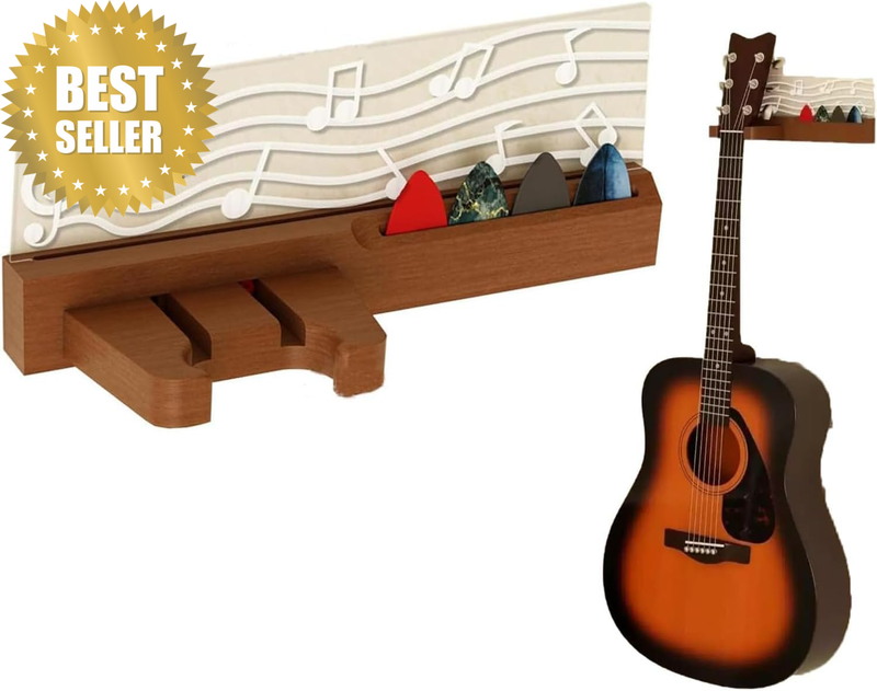 Guitar Wall Mount, Solid Wood Guitar Hanger Shelf with Pick Holder, LED Wooden G