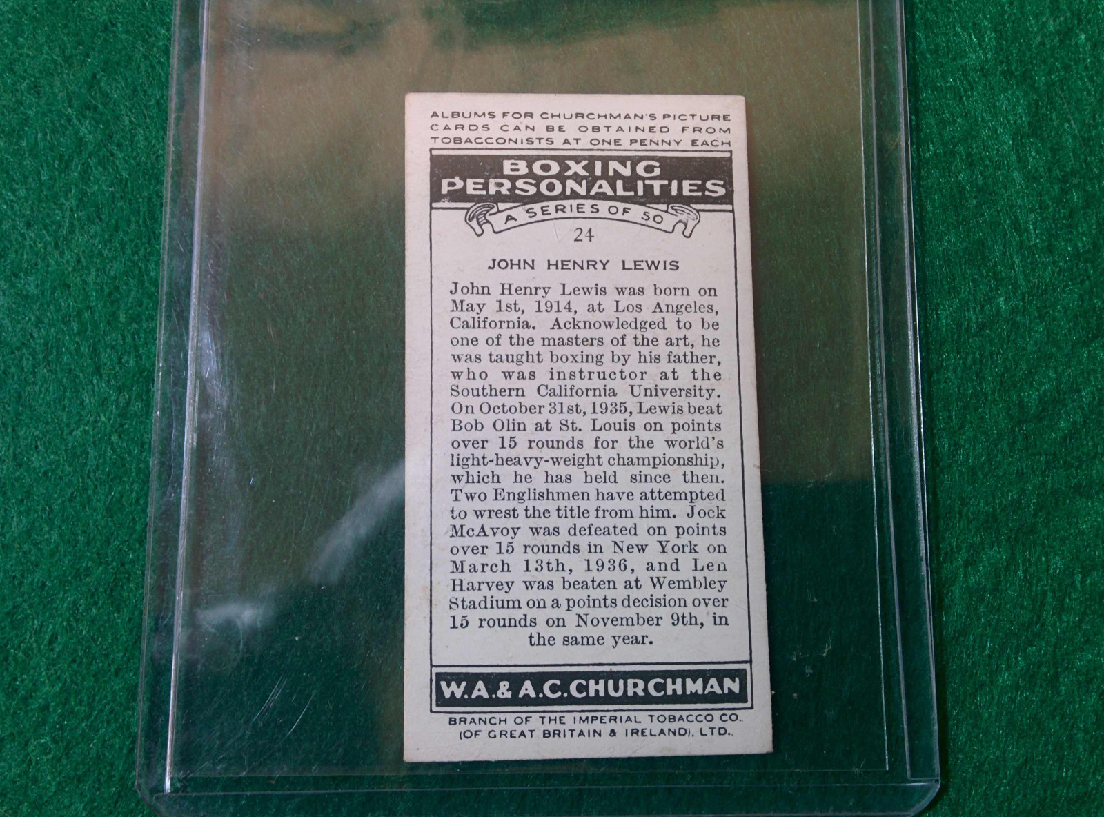 1938 W.A. & A.C. Churchman Boxing #24 John Henry Lewis HOF Excellent!