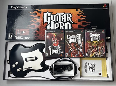 PS2 Guitar Hero SG Guitar Bundle w/ Box 3 Games GH1 GH2 Aerosmith Lot