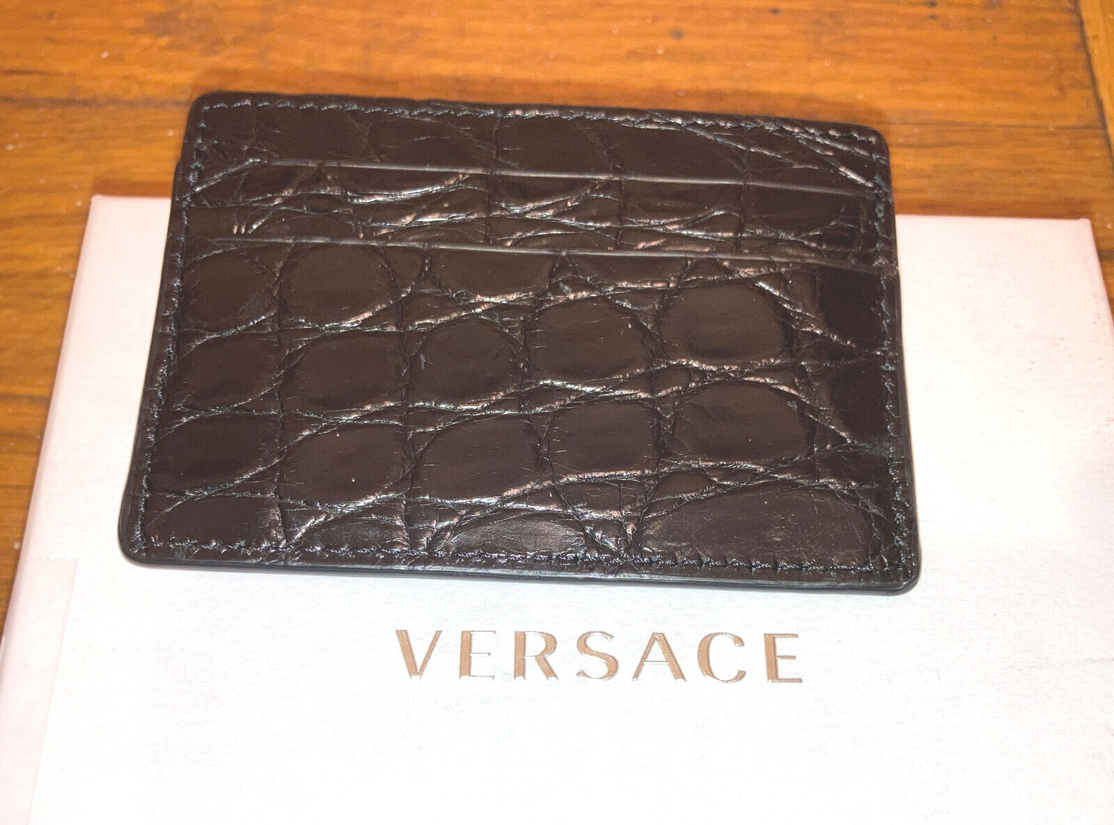 Pre-owned Versace $495 Authentic  Black Leather Black Wallet Credit Card Holder