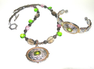 BEAUTIFUL STERLING SILVER VERMEIL TOPAZ PERIDOT NECKLACE & BRACELET CUFF SET