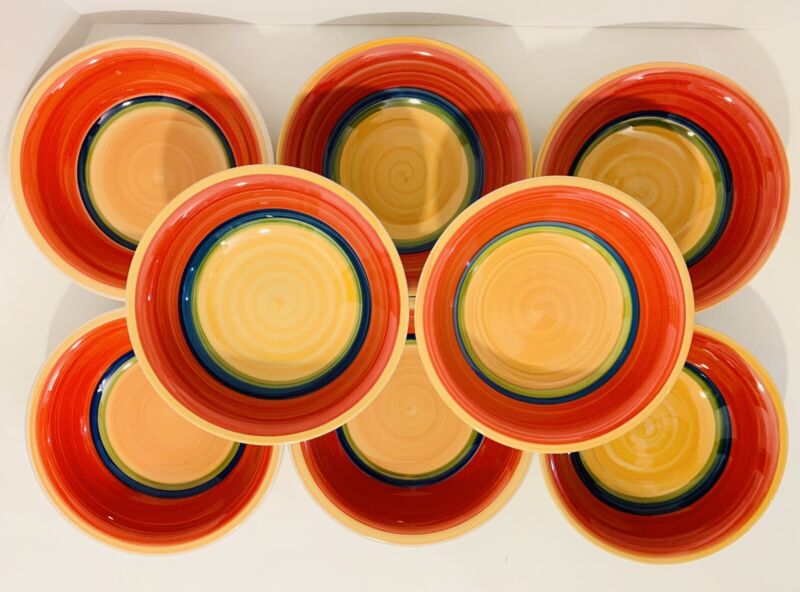 Royal Norfolk Fiesta Mambo Cereal Bowls Yellow Blue Green Red Rings Set of 8