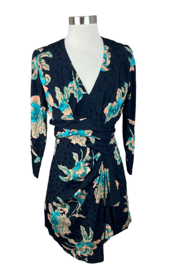 Sandro Paris Printed Wrap-Over Satin Mini Dress Black Blue