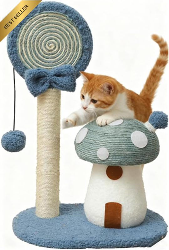 Indoor Cat Scratcher, Mushroom Shaped Climbing Post | Sisal Scratcher with Toy B