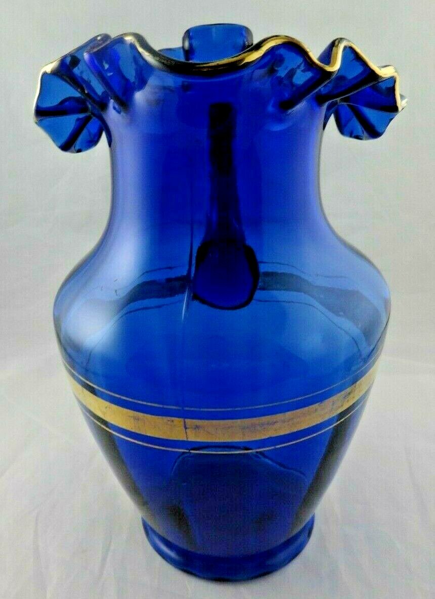 Antique Depression Ruffled Cobalt Blue Glass & Gold Trim Pitcher
