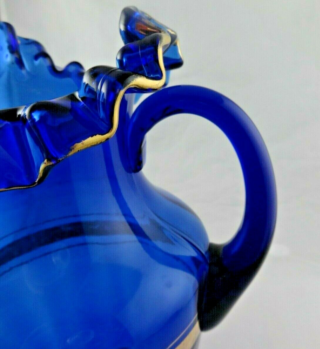 Antique Depression Ruffled Cobalt Blue Glass & Gold Trim Pitcher