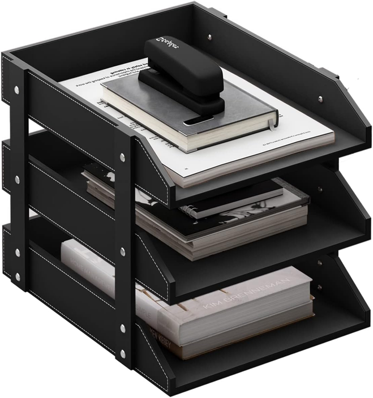 Leather Desk Organizer,2-Tier Stackable Letter Tray Holder,Office
