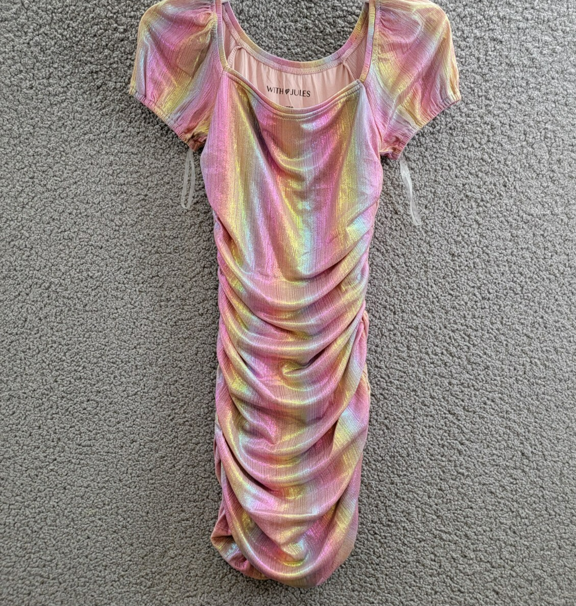 With Jules Ruched Square-Neck Mesh Dress Big Girls L Multi Short Sleeve Pullover - Picture 2 of 16