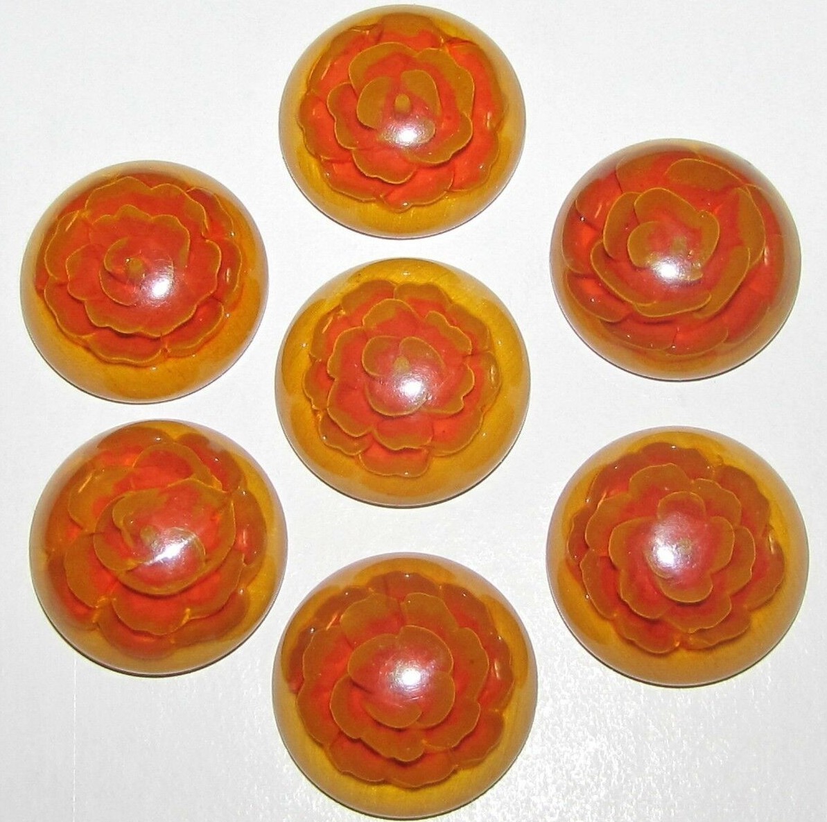 7 Vintage Applejuice Bakelite Buttons Reverse Carved Matching Set