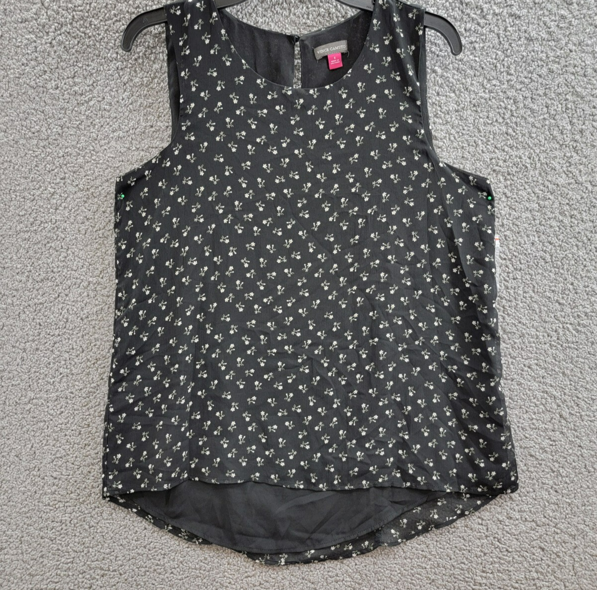 Vince Camuto Floral Crewneck Keyhole-Back Tank Top Women's S Rich Black Pullover - Picture 2 of 16