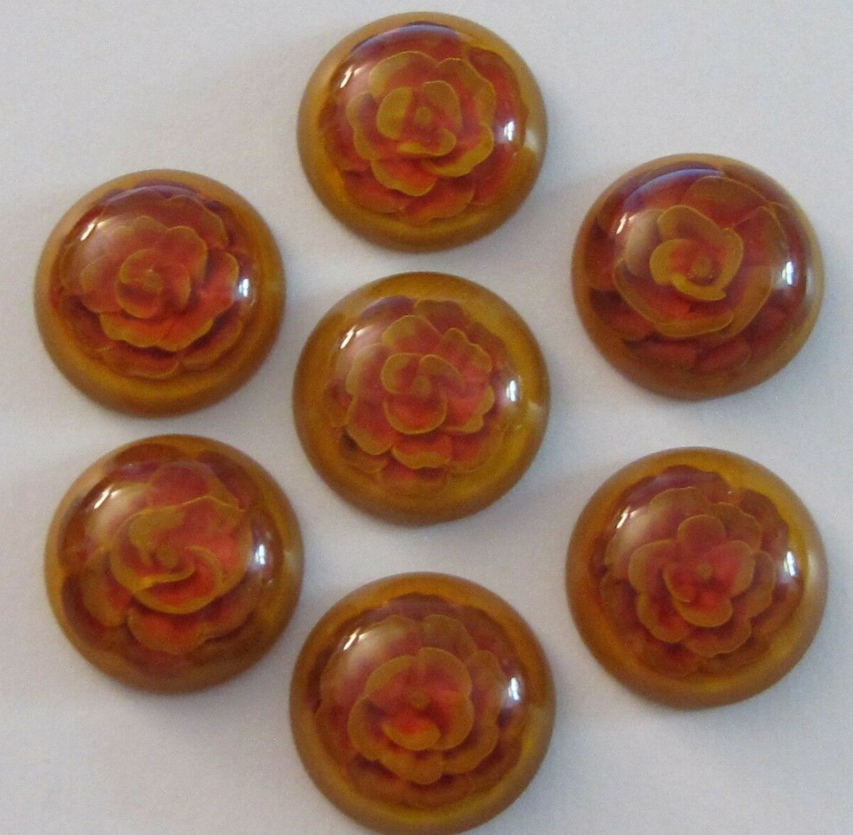 7 Vintage Applejuice Bakelite Buttons Reverse Carved Matching Set