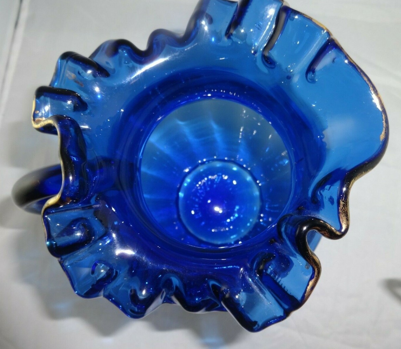 Antique Depression Ruffled Cobalt Blue Glass & Gold Trim Pitcher
