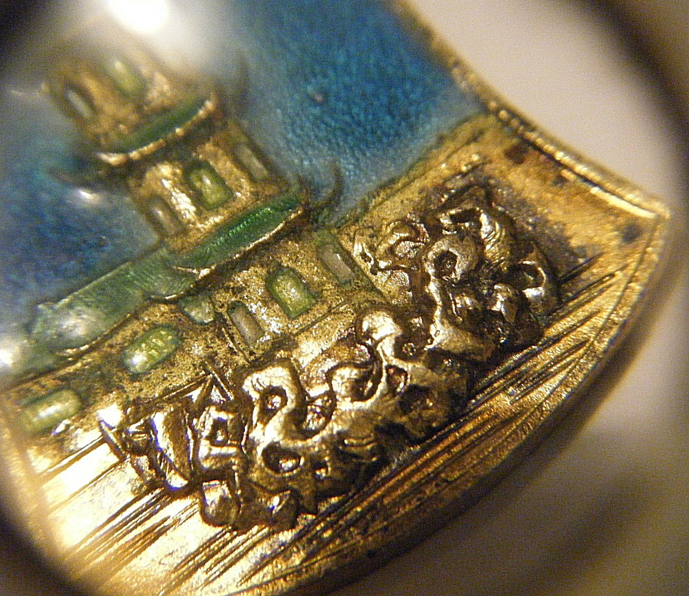 VTG CHINESE ENAMEL GUILOCHE GOLD PLATE TILE PENDANT PRETTY PAGODA BUILDING 1.5
