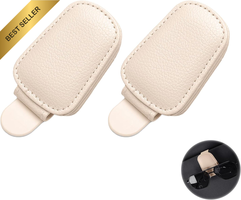 2 Pack Beige Universal PU Leather Sunglass Holder, Magnetic Eyewear Clip, Durabl