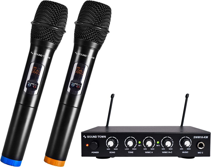UHF 16 Channels Karaoke Wireless Microphone System with Bluetooth,Metal Mixer, 2