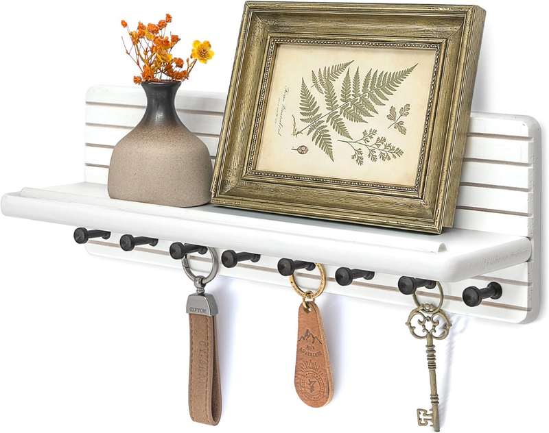 Key Holder Wall Mount for Entryway & Home Office Decor, White | Pine Wood, Key H