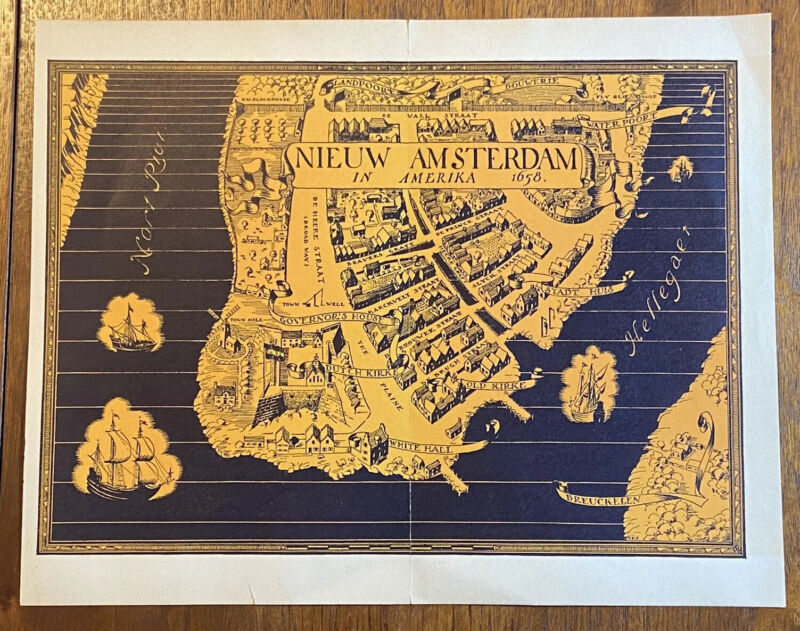 New York City Pictorial Map Lithograph 1929 Nieuw Amsterdam in Amerika 1658 CEJ