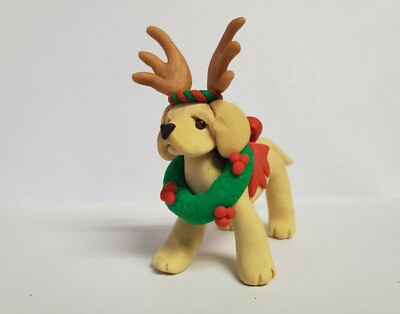 YELLOW LAB Christmas Ornament WEARING ANTLERS & HOLIDAY WREATH ooak HAND MADE