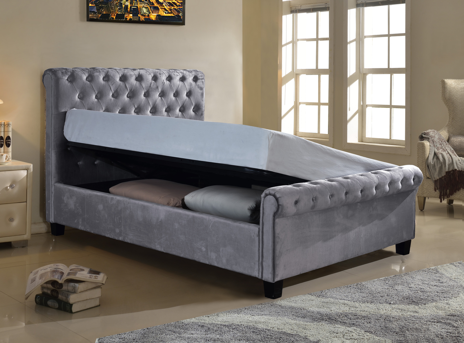 Lola Grey Soft Chenille Sleigh Bed Frame Ottoman Storage Lift