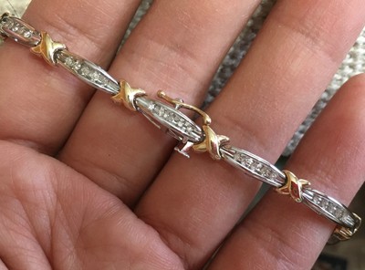 10k 2Tone Gold Natural Diamond Tennis Link Bracelet Anniversary Gift