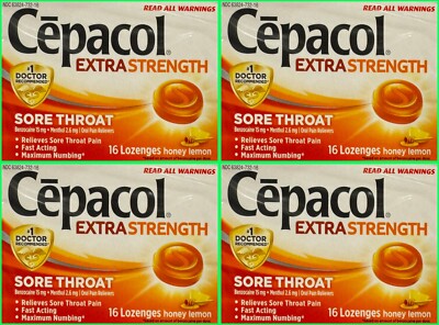 (4 Boxes) Cepacol HONEY LEMON Sore Throat Lozenges 16 ct EXP 06/2025