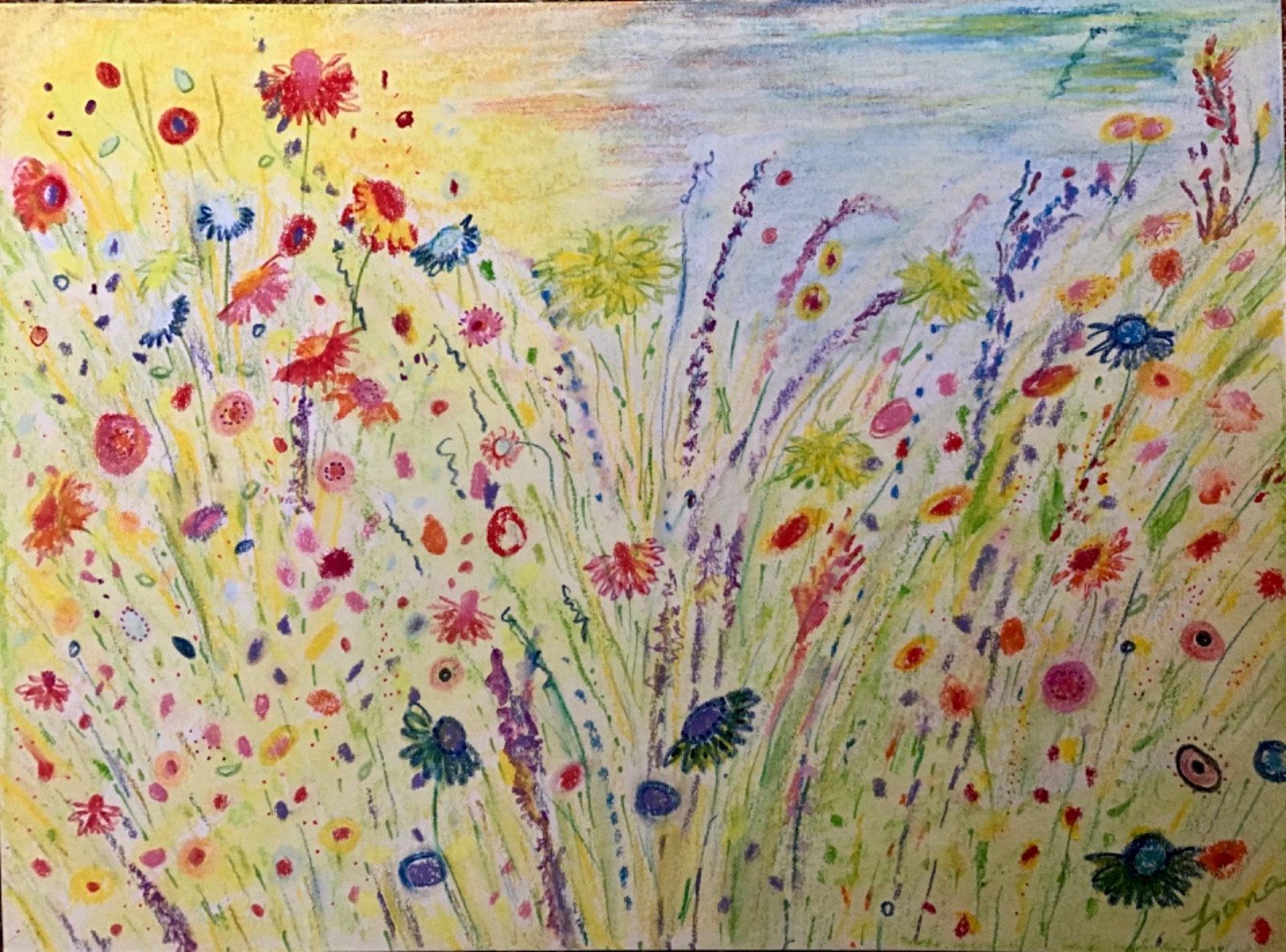 Field of Flowers original watercolour pencil drawing artist Fiona