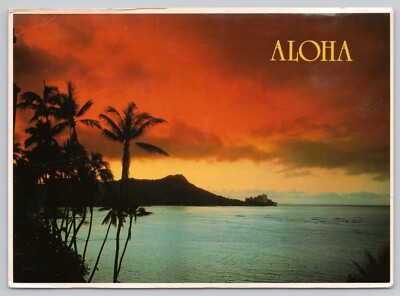 Honolulu Hawaii, Aloha Romantic Sunset Diamond Head Waikiki, Vintage Postcard