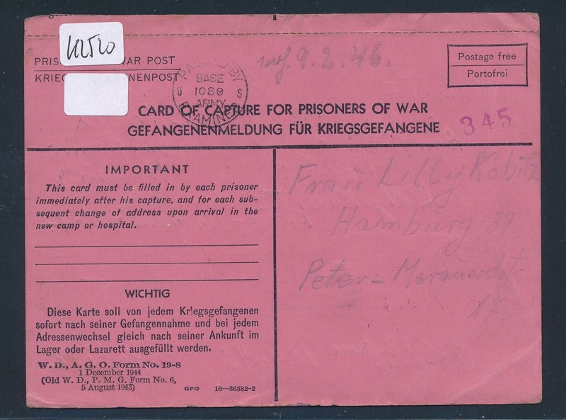 K2454) Kriegsgefangenenpost Usa Gef.-Meldung 10.4.45 Pwib France   Hamburg