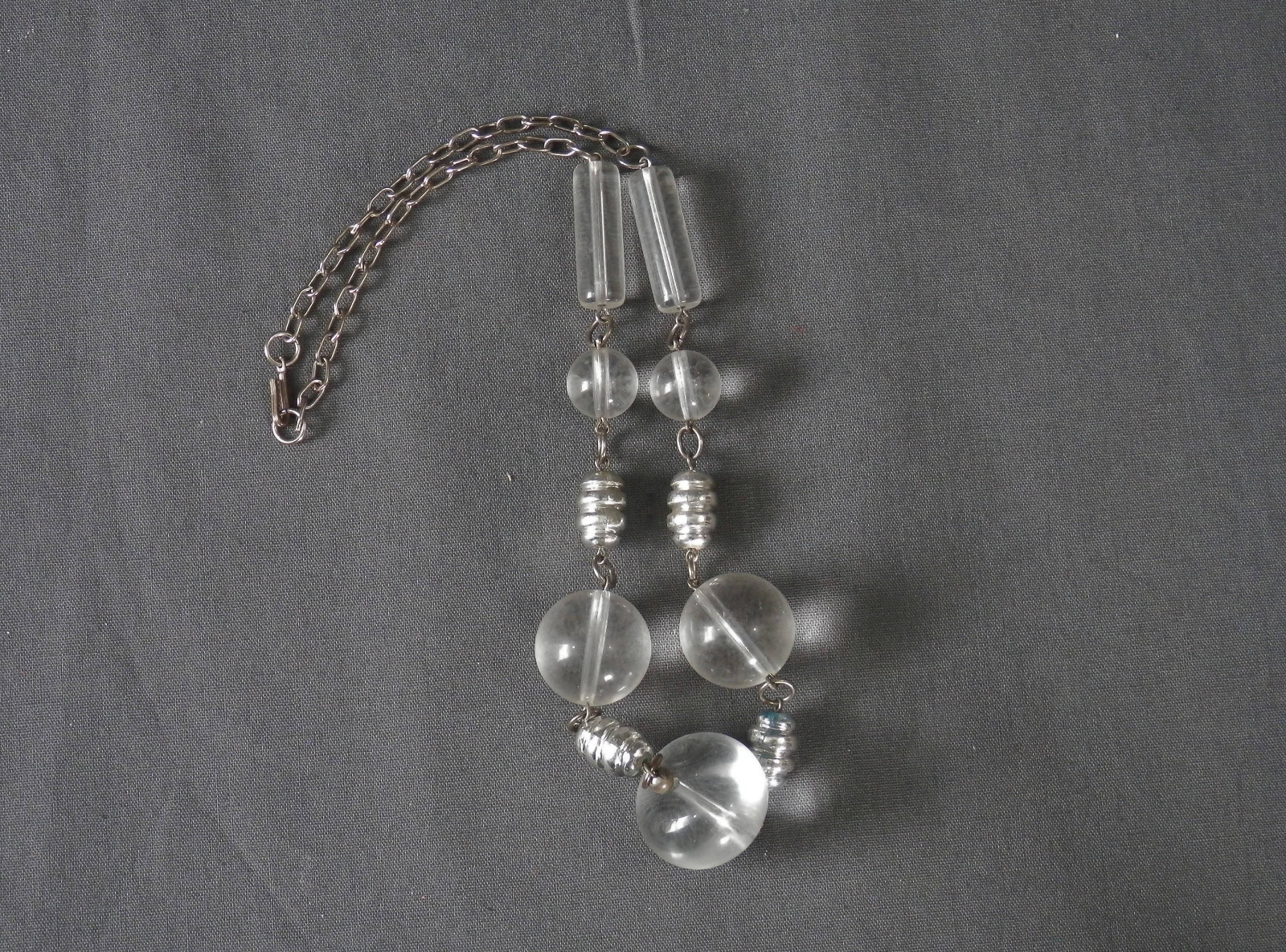 Space Age Necklace Clear Lucite Balls with Silver Barrel Accents Vintage Modern