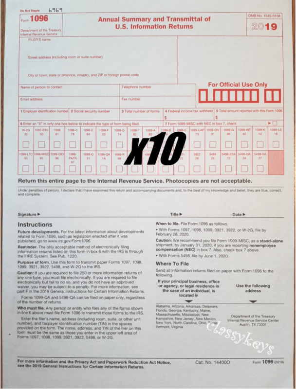 10-pack - 2019 Tax Form 1096 Annual Transmittals Only (for 1099-misc To Irs)