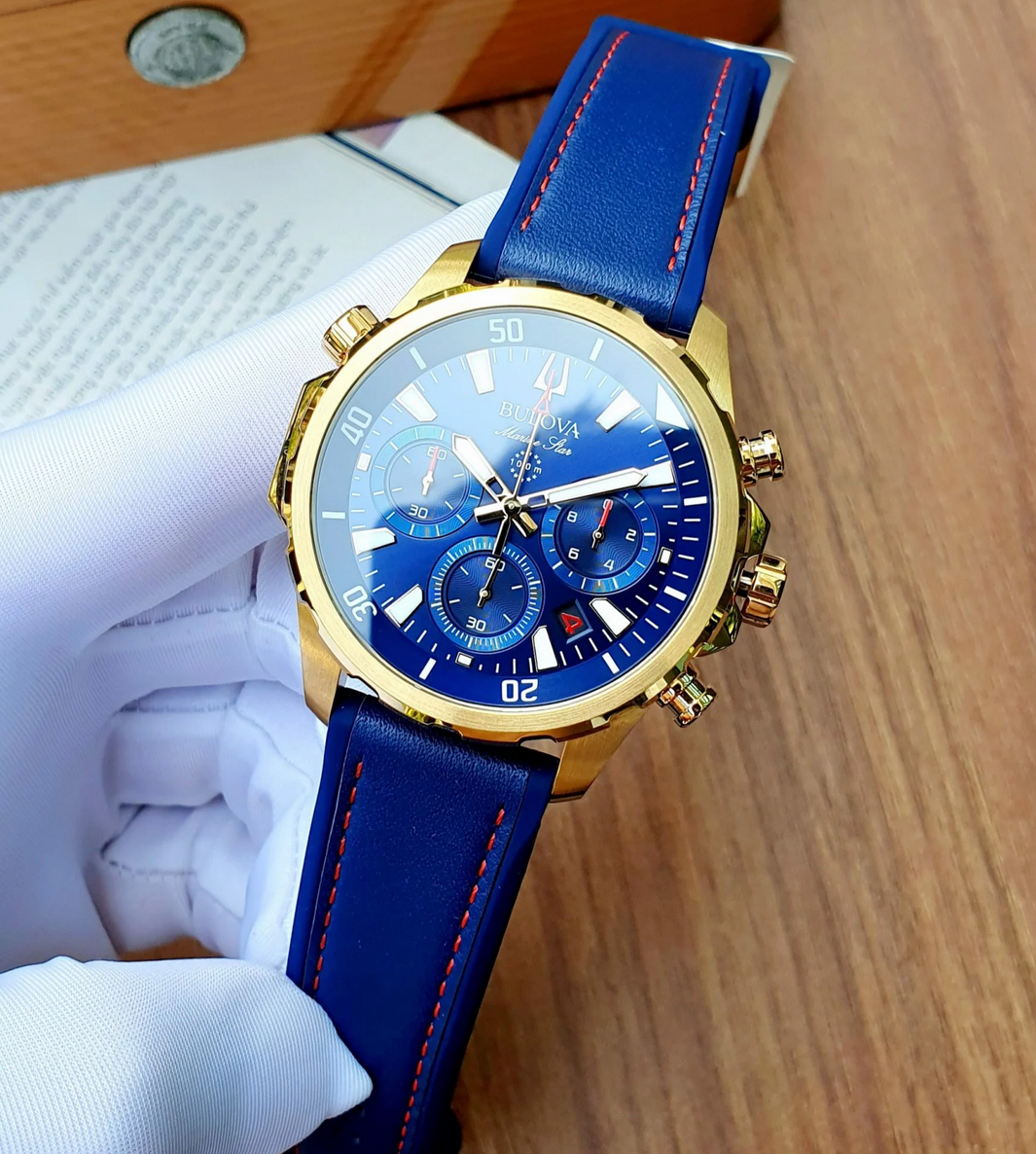 Pre-owned Bulova Marine Star Blue Dial 97b168 Gold Tone Silicone Strap Men's Watch