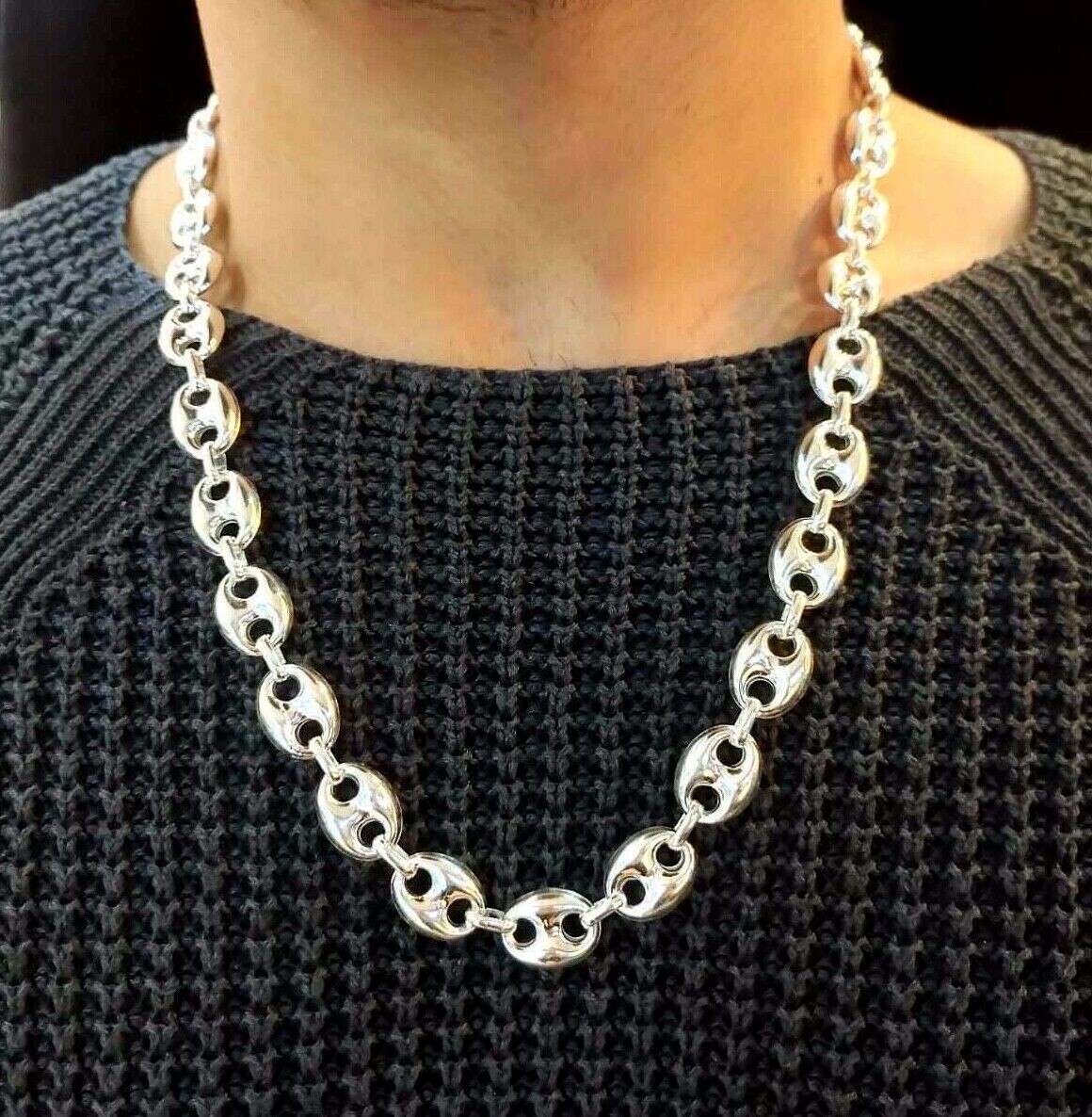 Pre-owned Handmade Mens Mariner Puffed Link Chain Necklaces 14mm 69gr 925 Silver Sterling 26inch