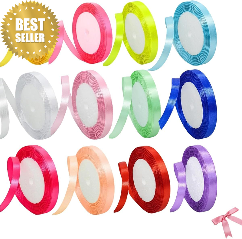 12 Rolls Ribbon,Rolls of Colorful Fabric Ribbons,1Cm/25 Yards/Roll Fabric Ribbon