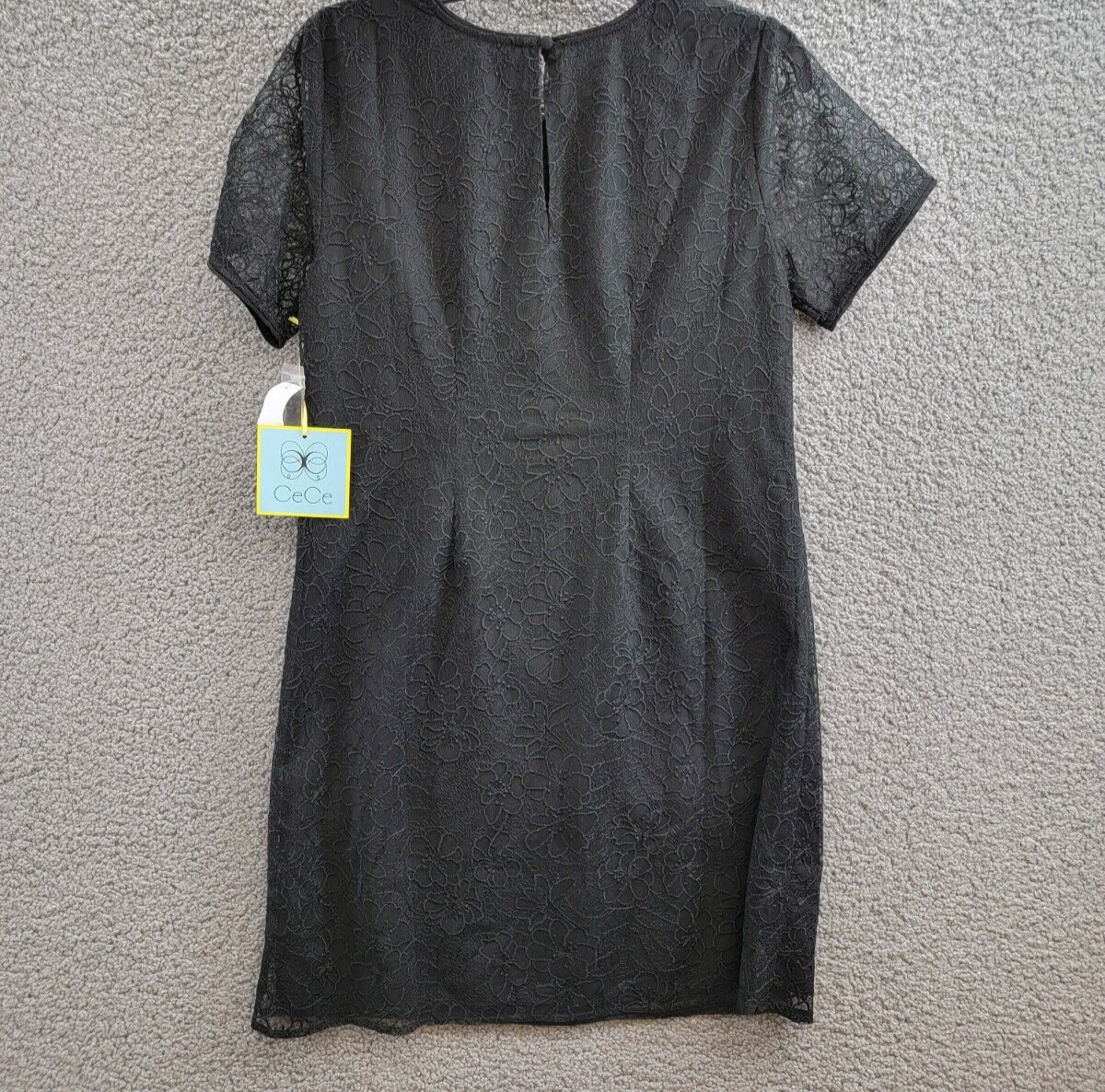 CeCe Lace Short-Sleeve A-Line Dress Women's S Rich Black Crew Neck Button Back - Picture 10 of 17