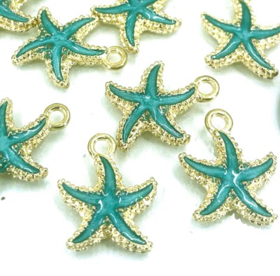 5 Starfish Enamel Sea Stars Pendant Charms Gold tone Sky Blue 18x14mm