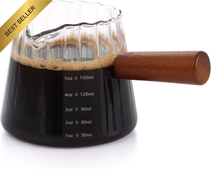 Glass Espresso Shot Measuring Cup, 180Ml Borosilicate Glass Pitcher with Wooden